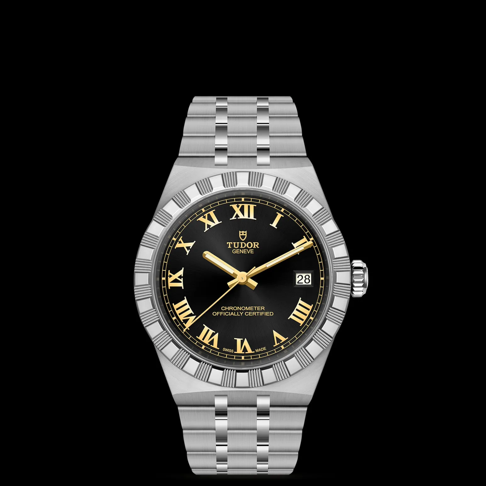m2836c1a0-0101-upright_watch_black_background_zoomed_in | Brela Stainless steel Tudor wristwatch with a black dial, gold Roman numerals, and a date window at 3 o'clock, displayed against a black background. | Brela