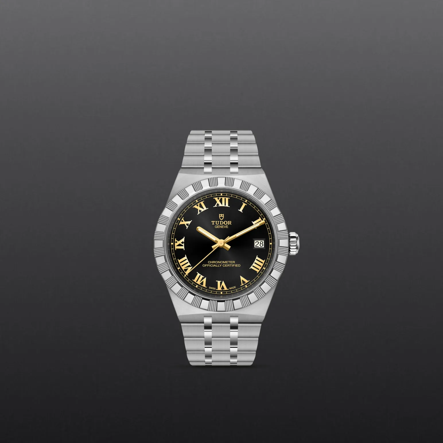 m2836c1a0-0101-upright_watch_grey_background-model_page_only_standard_size | Brela Tudor stainless steel wristwatch with a black dial, gold Roman numerals, and a date window at 3 o'clock | Brela
