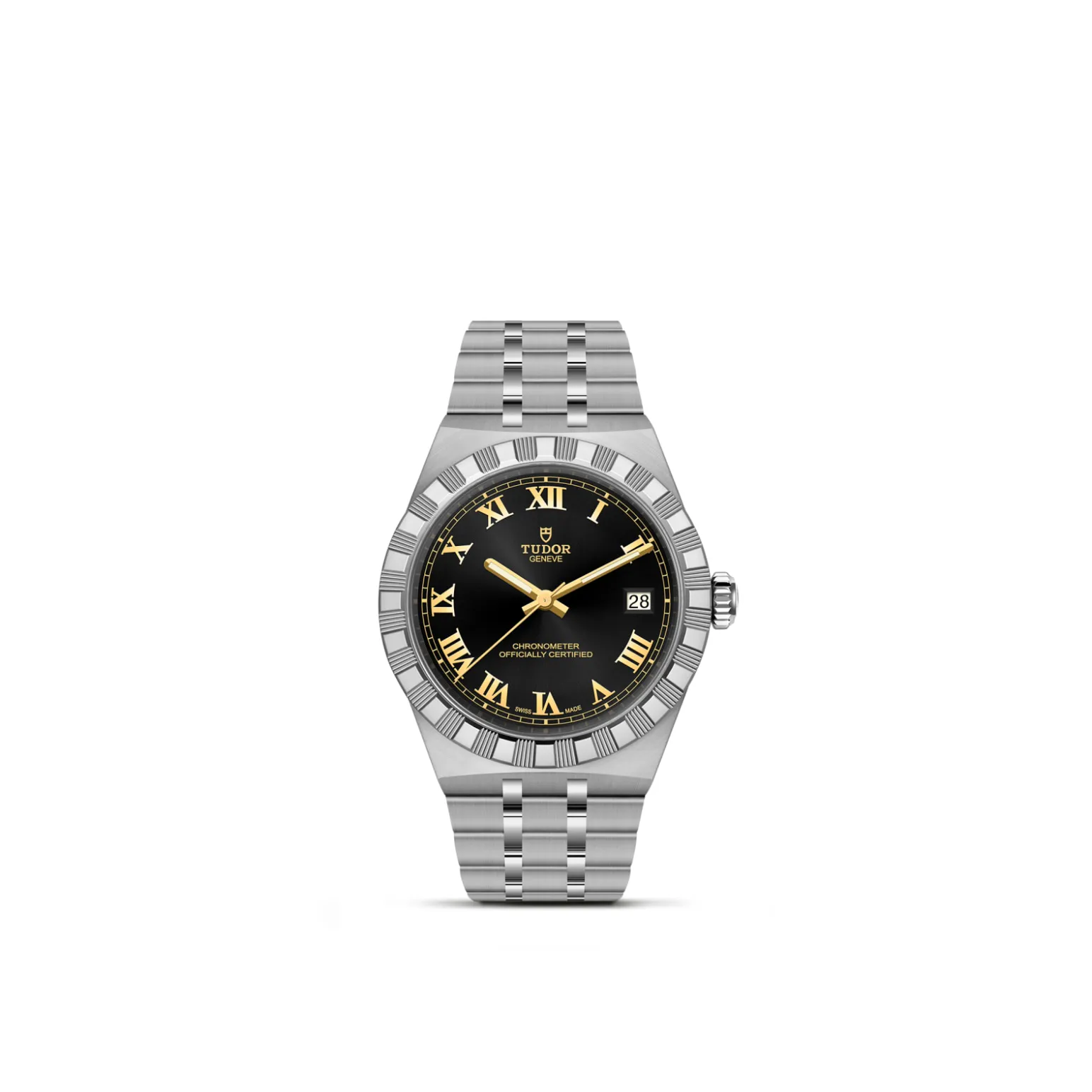 m2836c1a0-0101-upright_watch_white_background-model_page | Brela Stainless steel Tudor wristwatch with black dial, gold Roman numerals, and date window at 3 o'clock | Brela