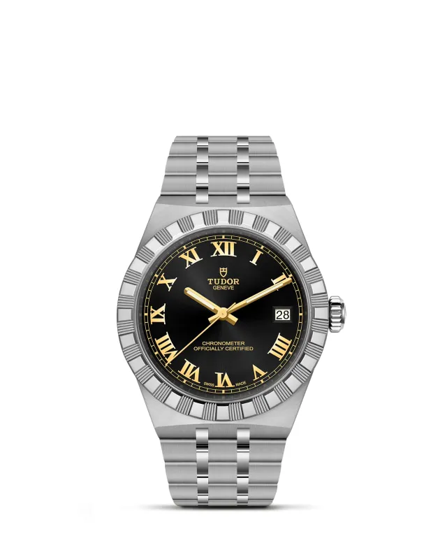 m2836c1a0-0101_upright-wh-std-grid | Brela | Brela Stainless steel Tudor wristwatch with a black dial, gold Roman numerals, and date window at 3 o'clock. | Brela | Brela