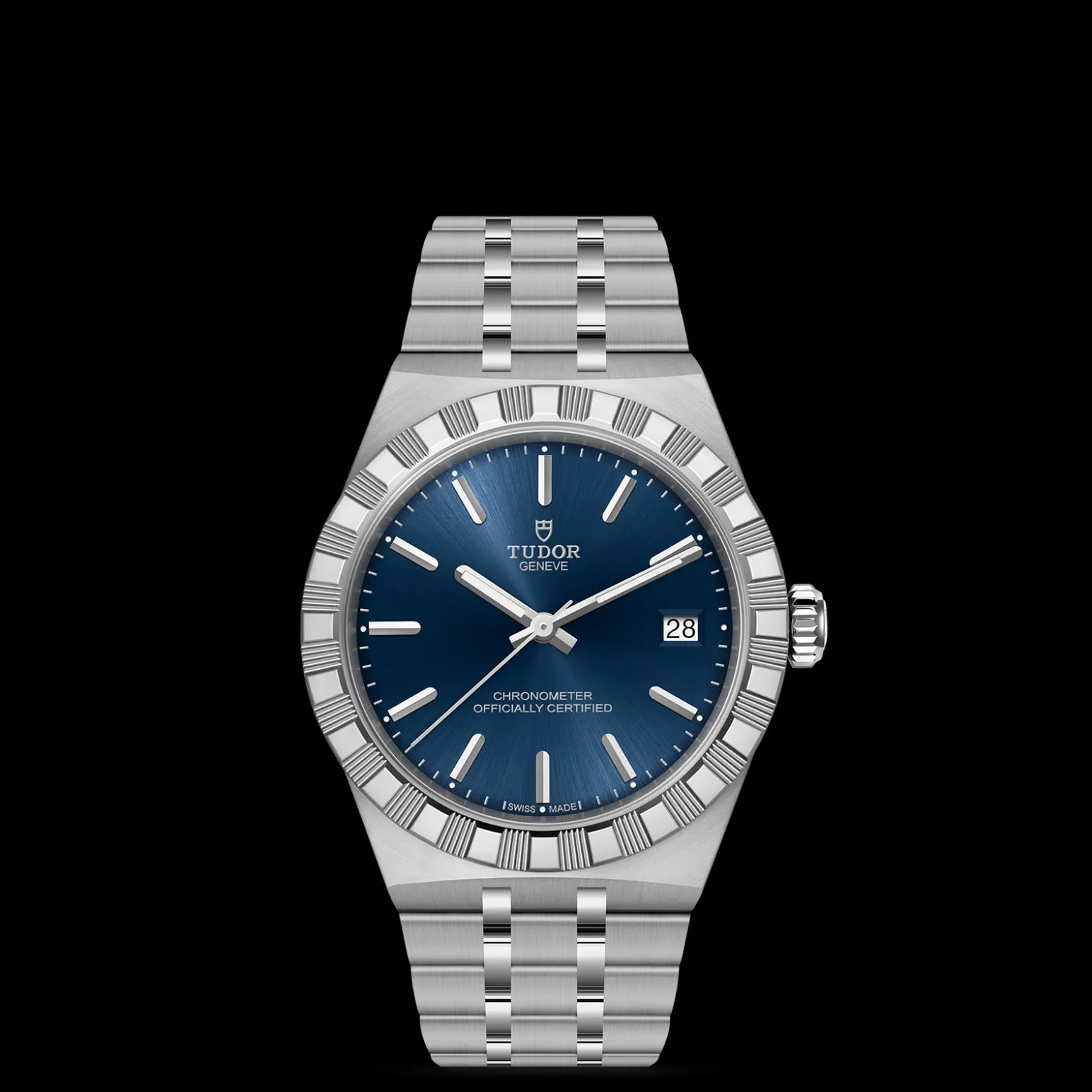 m2836c1a0-0102-upright_watch_black_background_zoomed_in | Brela Close-up of a stainless steel Tudor Genève wristwatch with a blue dial, date window at 3 o'clock, and brushed bracelet against a black background. | Brela