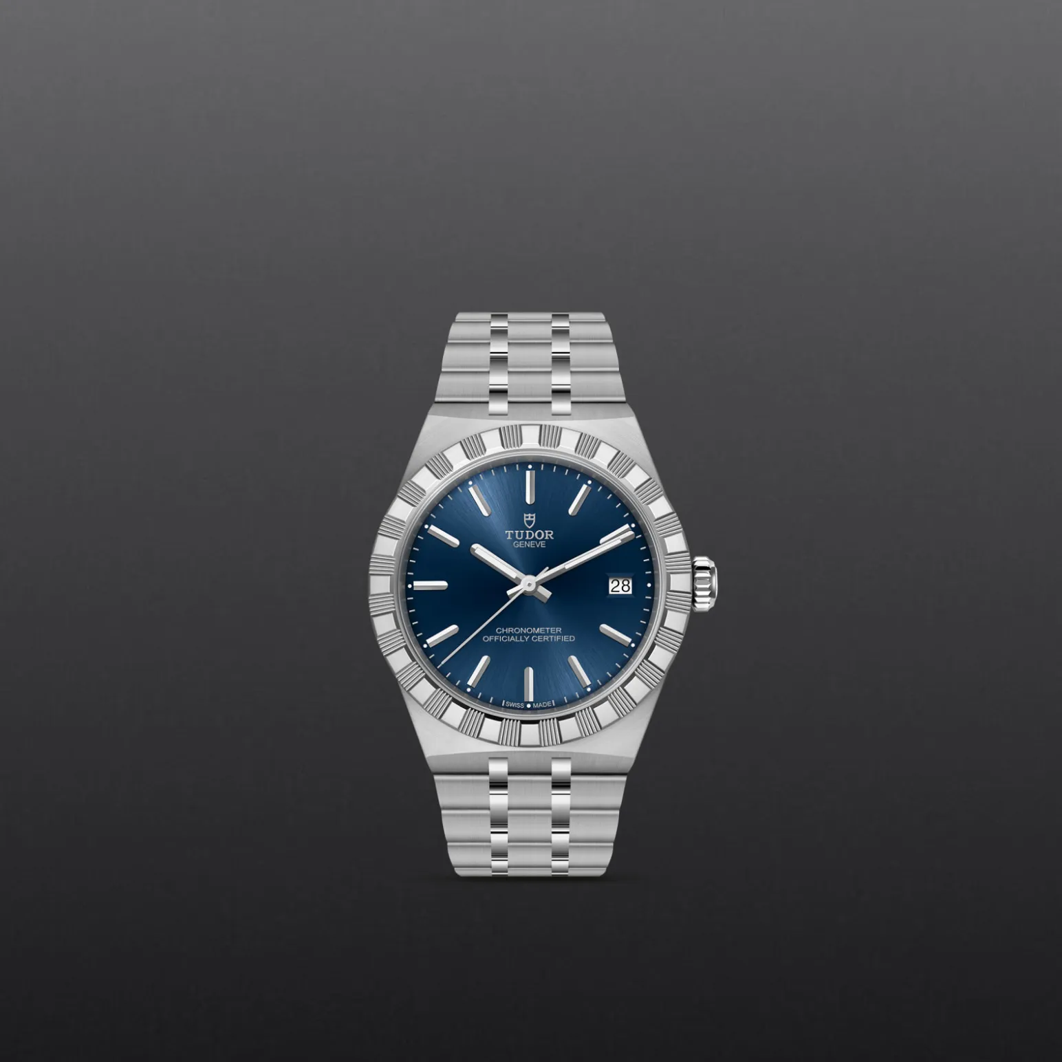 m2836c1a0-0102-upright_watch_grey_background-model_page_only_standard_size | Brela Stainless steel Tudor wristwatch with blue dial and date window against a dark gradient background. | Brela