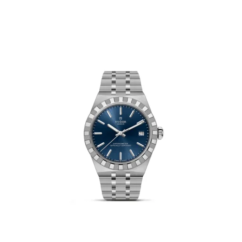 Silver Tudor wristwatch with blue dial, date window at 3 o'clock, and stainless steel bracelet.