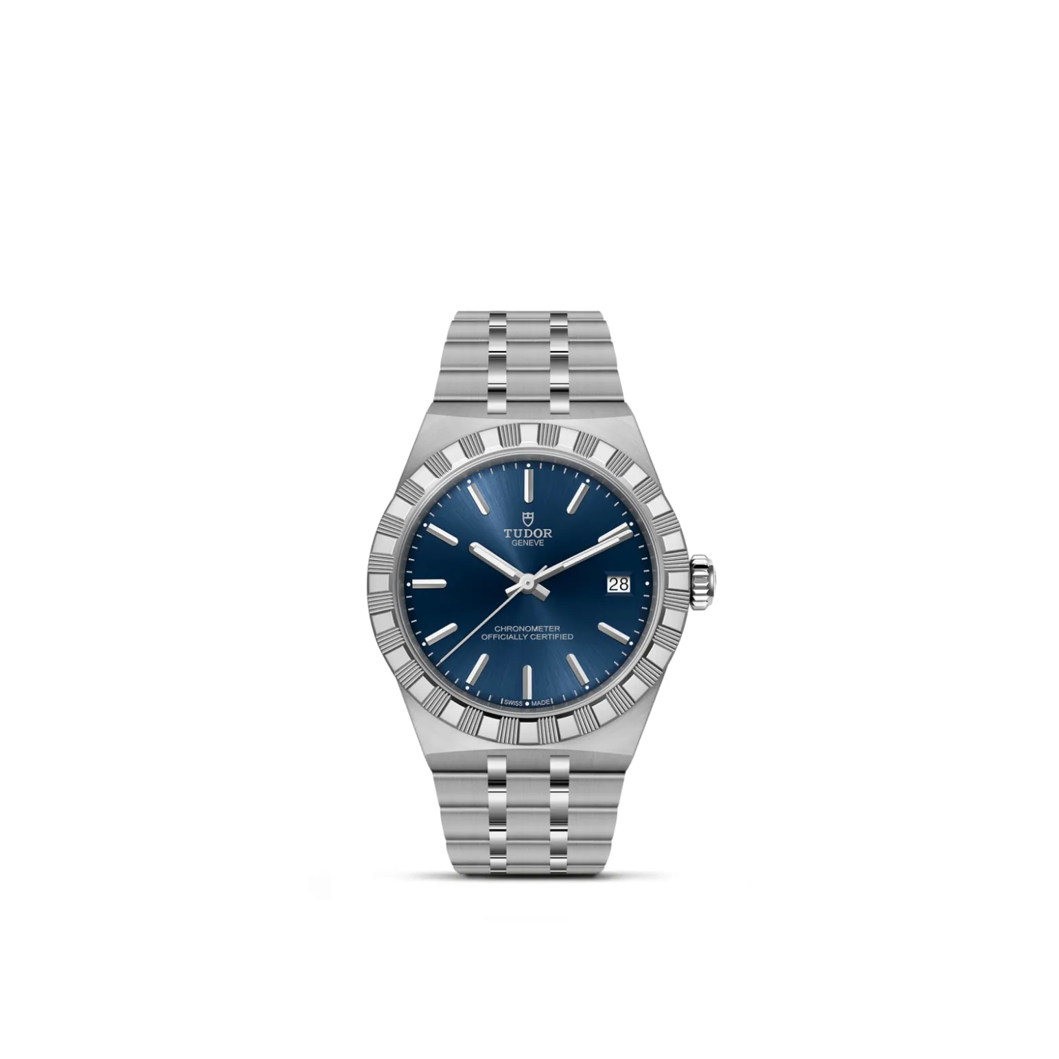 m2836c1a0-0102-upright_watch_white_background-model_page | Brela Stainless steel Tudor watch with a blue dial, date window at 3 o'clock, and fluted bezel on a white background. | Brela