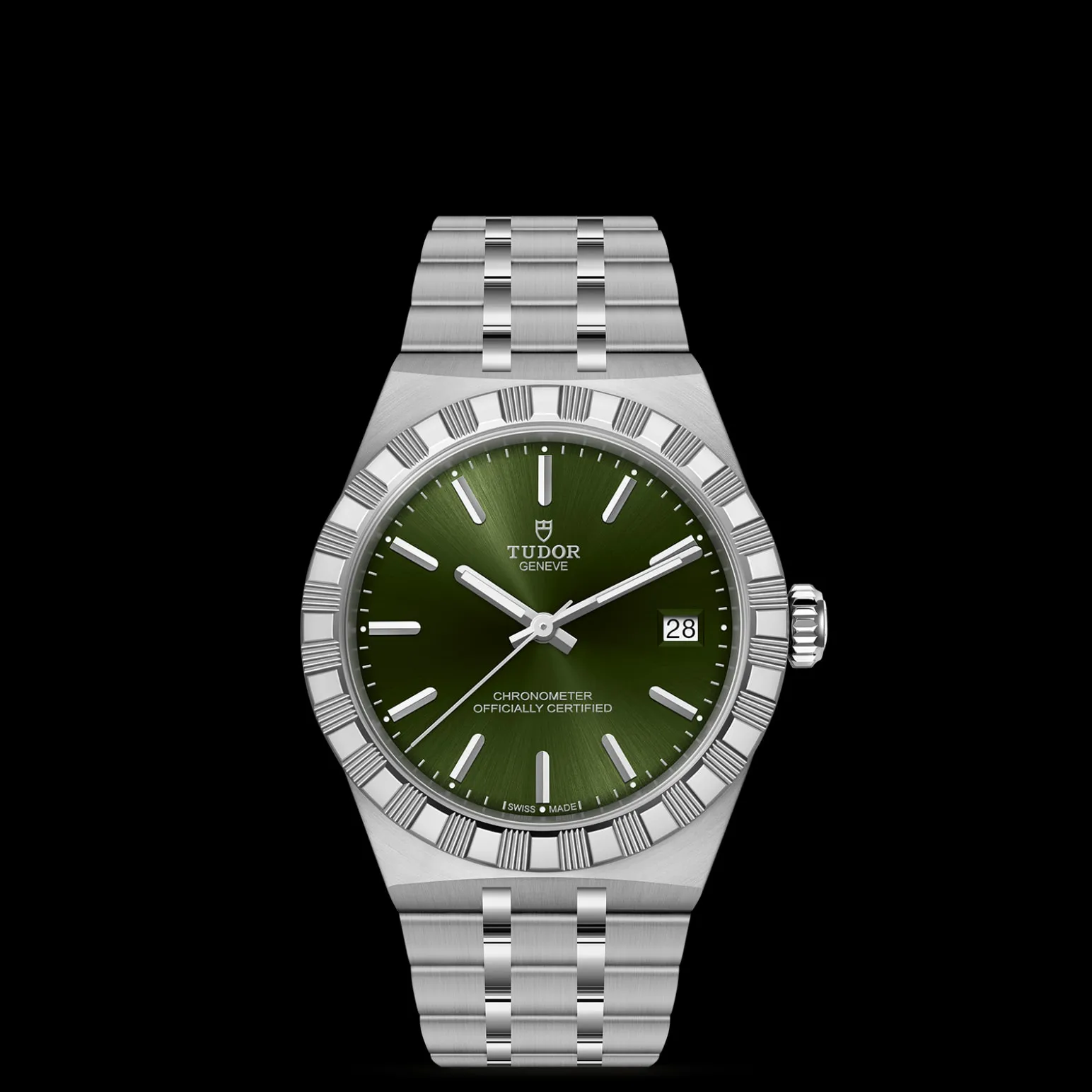 m2836c1a0-0103-upright_watch_black_background_zoomed_in | Brela Close-up of a stainless steel Tudor Genève watch with a green dial, date window at 3 o'clock, and brushed bracelet on black background. | Brela