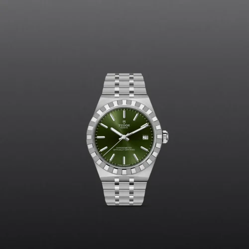 Tudor wristwatch with a green dial, silver bezel, and stainless steel bracelet set against a dark gray background, date window at 3 o'clock.