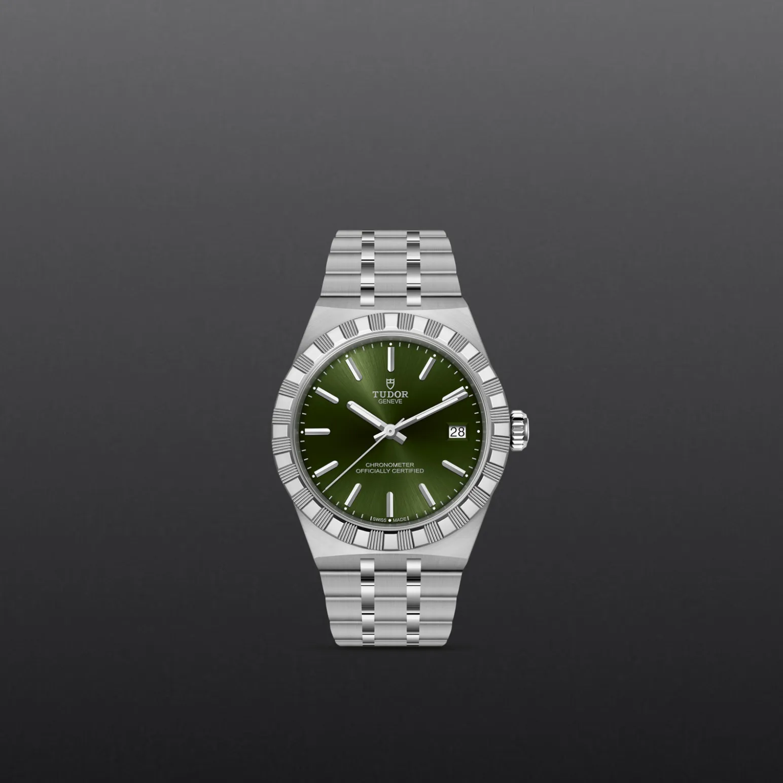 m2836c1a0-0103-upright_watch_grey_background-model_page_only_standard_size | Brela Stainless steel Tudor watch with a green dial, date window at 3 o'clock, and brushed bezel on a dark background. | Brela