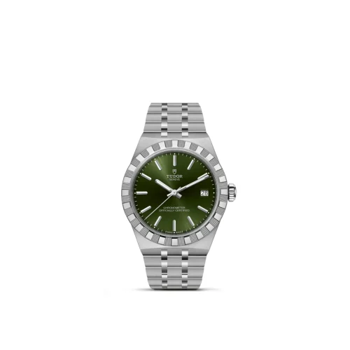 Tudor stainless steel wristwatch with a green dial, date window at 3, and fluted bezel