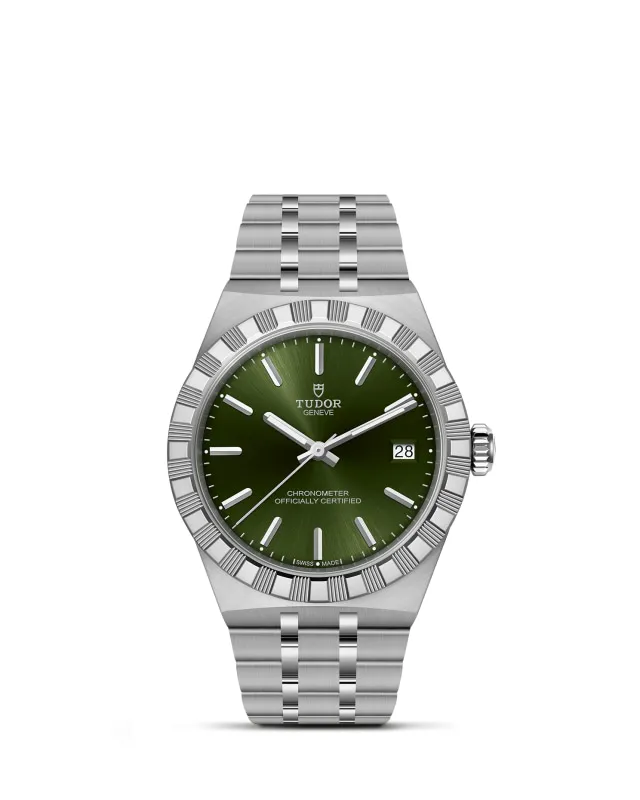 m2836c1a0-0103_upright-wh-std-grid | Brela | Brela Tudor wristwatch with green dial, stainless steel bracelet, and date window at 3 o'clock. | Brela | Brela