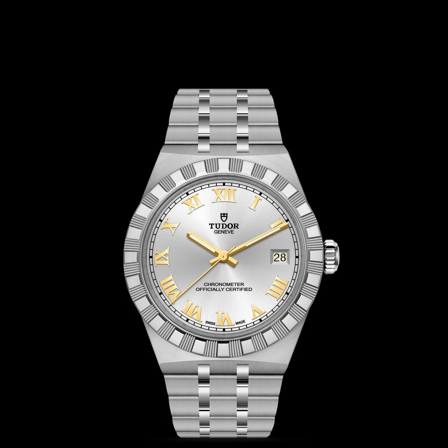 m2836c1a0-0104-upright_watch_black_background_zoomed_in | Brela Close-up of a silver Tudor wristwatch with gold Roman numerals, date window at 3 o'clock, and a brushed steel bracelet against a black background. | Brela