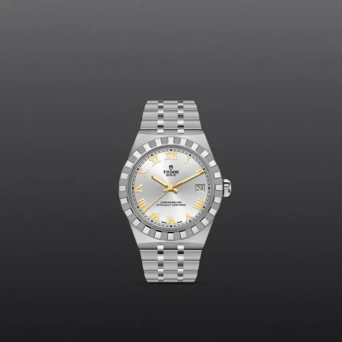 Silver Tudor wristwatch with gold Roman numerals and a date window at 3 o'clock on a dark gradient background