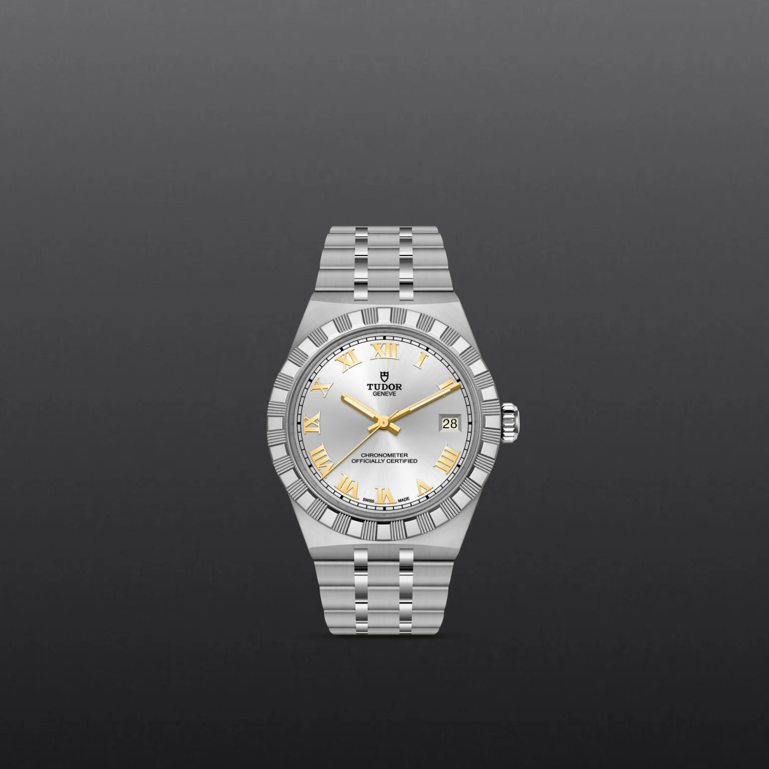 m2836c1a0-0104-upright_watch_grey_background-model_page_only_standard_size | Brela Silver Tudor wristwatch with gold Roman numerals and date window, centered against a dark gradient background | Brela