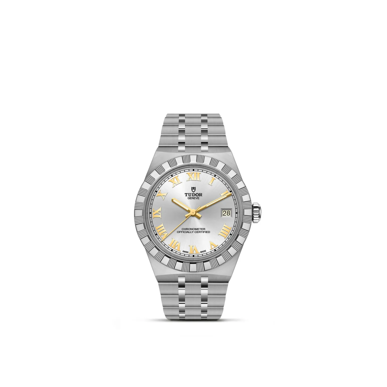 m2836c1a0-0104-upright_watch_white_background-model_page | Brela Silver Tudor wristwatch with a metal bracelet, gold Roman numeral markers, and a date window at 3 o'clock, labeled 'Chronometer' on dial | Brela