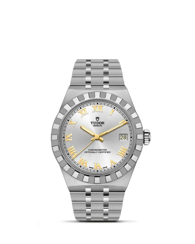 m2836c1a0-0104_upright-wh-std-grid | Brela | Brela Stainless steel Tudor wristwatch with gold Roman numerals, date at 3, and fluted bezel on a bracelet. | Brela | Brela