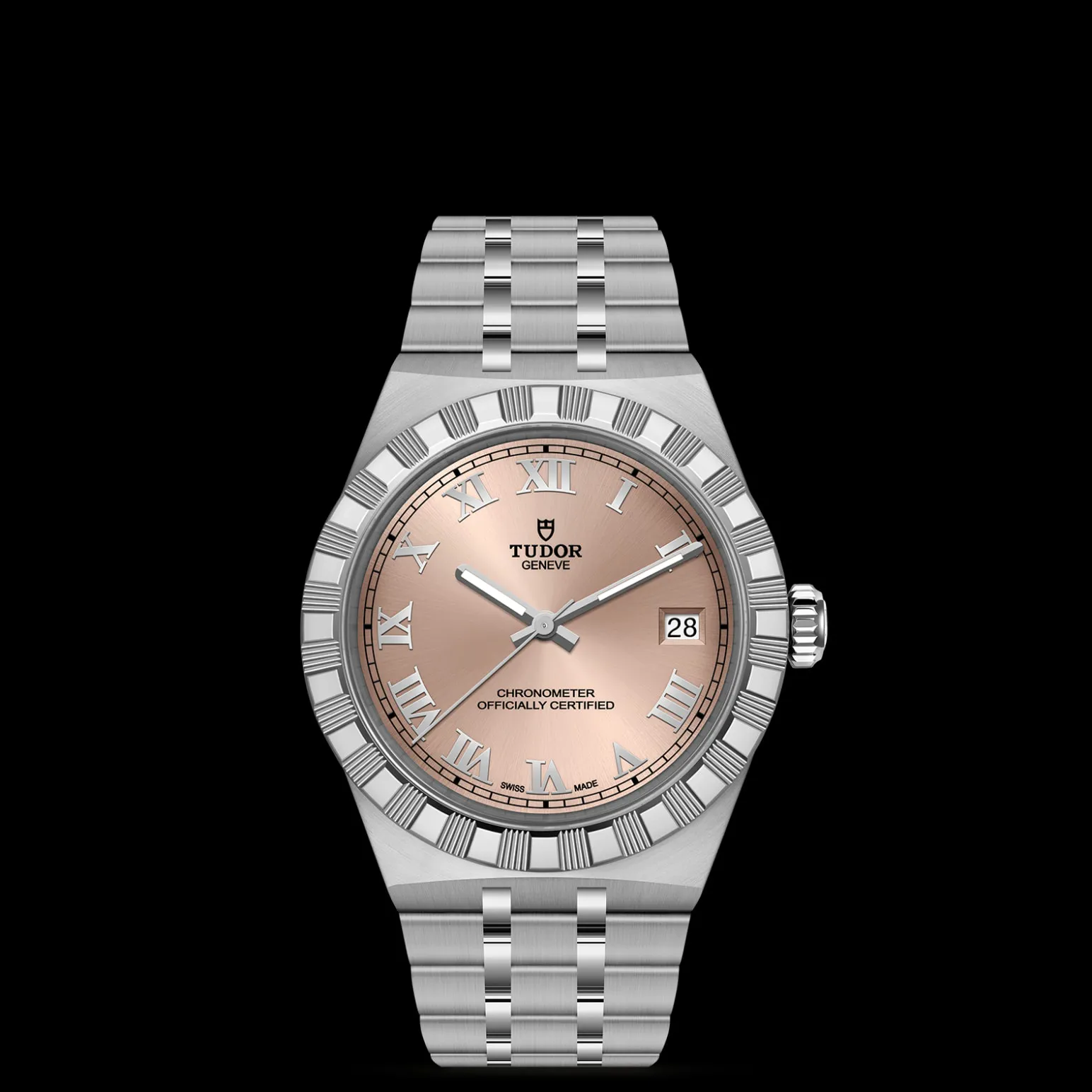 m2836c1a0-0105-upright_watch_black_background_zoomed_in | Brela Stainless steel Tudor wristwatch with a rose dial, Roman numeral hour markers, and a date window at 3 o'clock. | Brela