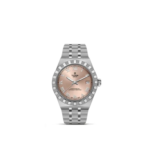 Tudor stainless steel wristwatch with a pink dial, Roman numerals, and a date window at 3 o'clock.