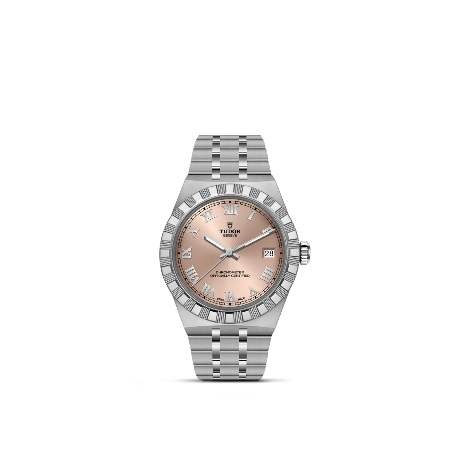 m2836c1a0-0105-upright_watch_white_background-model_page | Brela Tudor stainless steel wristwatch with a rose dial, Roman numeral hour markers, and a date window at 3 o'clock. | Brela