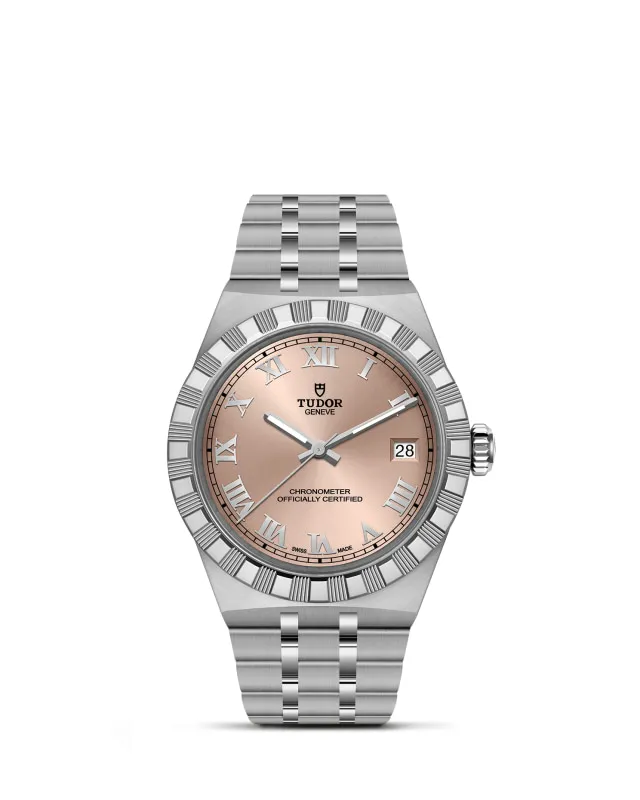 m2836c1a0-0105_upright-wh-std-grid | Brela | Brela Tudor stainless steel wristwatch with pink dial, Roman numerals, date window at 3, and a fluted bezel. | Brela | Brela