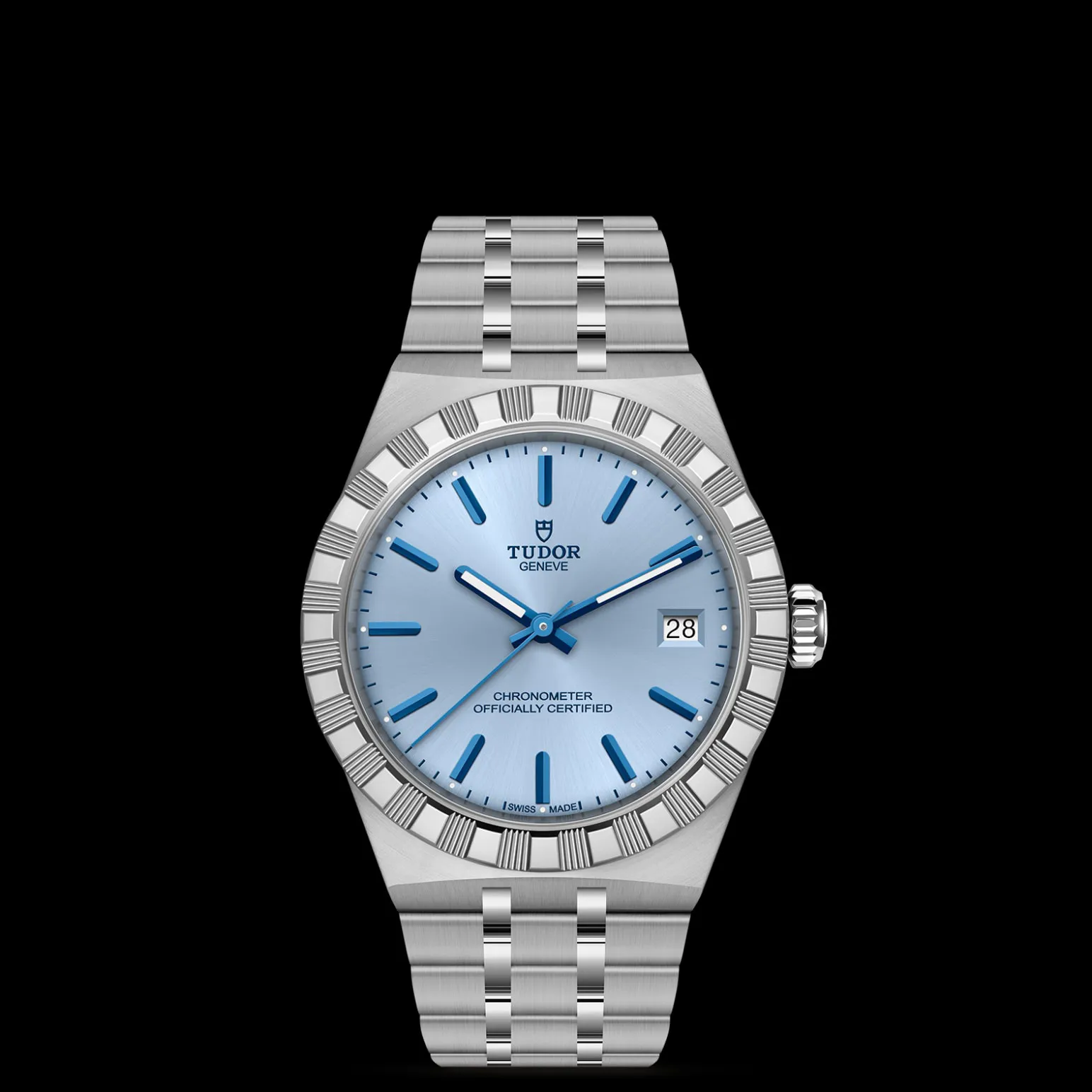 m2836c1a0-0106-upright_watch_black_background_zoomed_in | Brela Tudor Genève stainless steel wristwatch with a light blue dial, blue hour markers, and a date window at 3 o'clock against a black background. | Brela