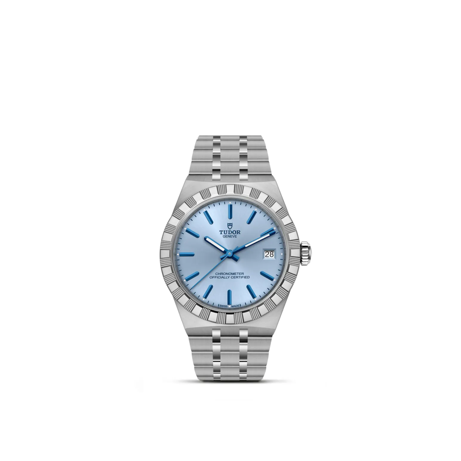 m2836c1a0-0106-upright_watch_white_background-model_page | Brela Stainless steel Tudor wristwatch with a light blue dial, blue hour markers, and date window at 3 o'clock on a white background. | Brela