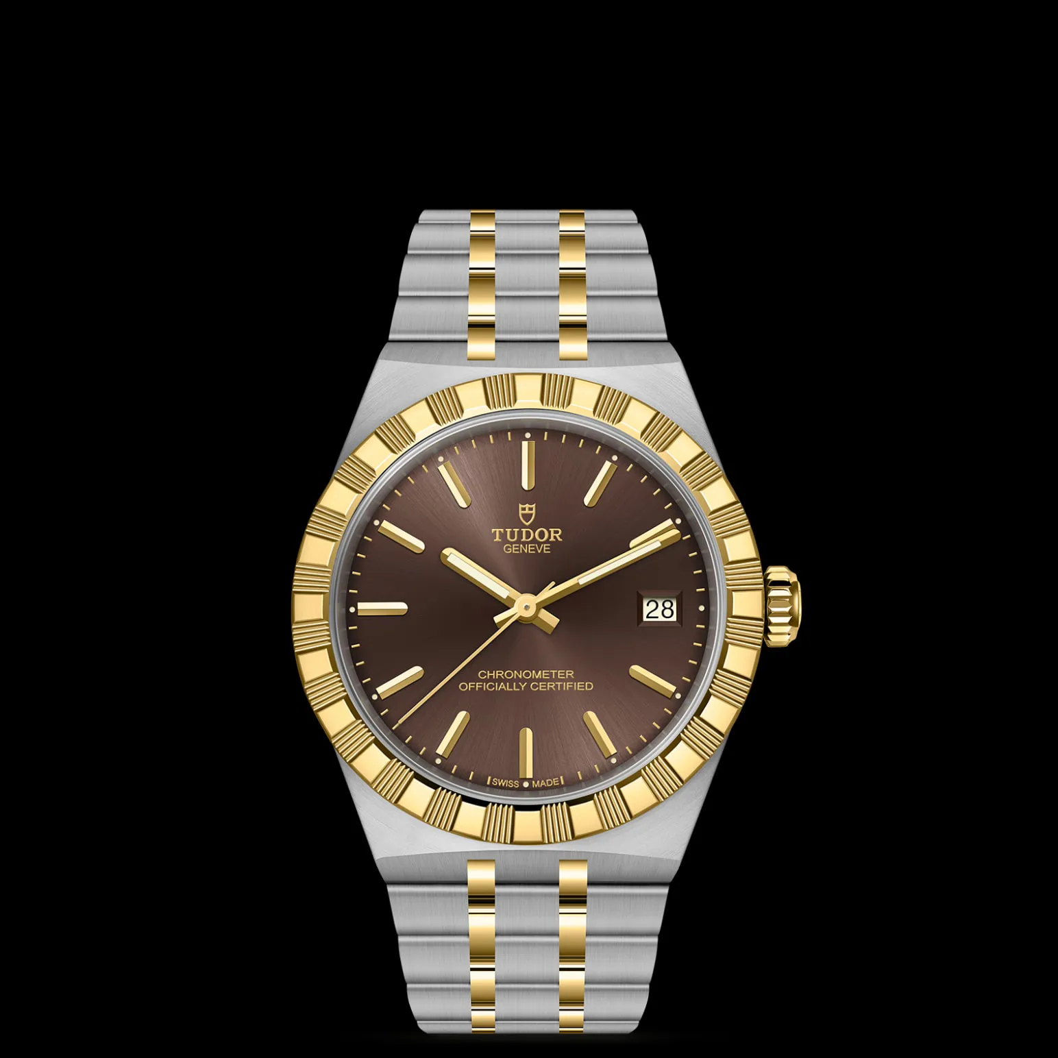 m2836c1a3-0001-upright_watch_black_background_zoomed_in | Brela Two-tone Tudor wristwatch with gold bezel and central links, brown dial, date at 3, on black background | Brela