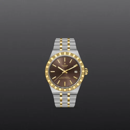 Two-tone Tudor wristwatch with gold bezel and brown dial, date window at 3 o'clock, silver and gold bracelet against a dark gradient background.