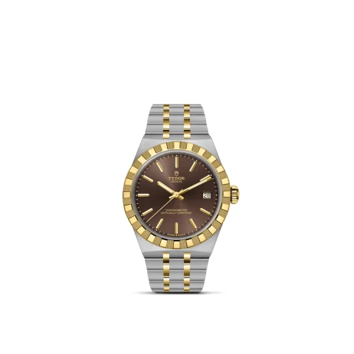 Two-tone Tudor Genève wristwatch with a gold bezel, silver bracelet, brown dial, and a date window at 3 o'clock.