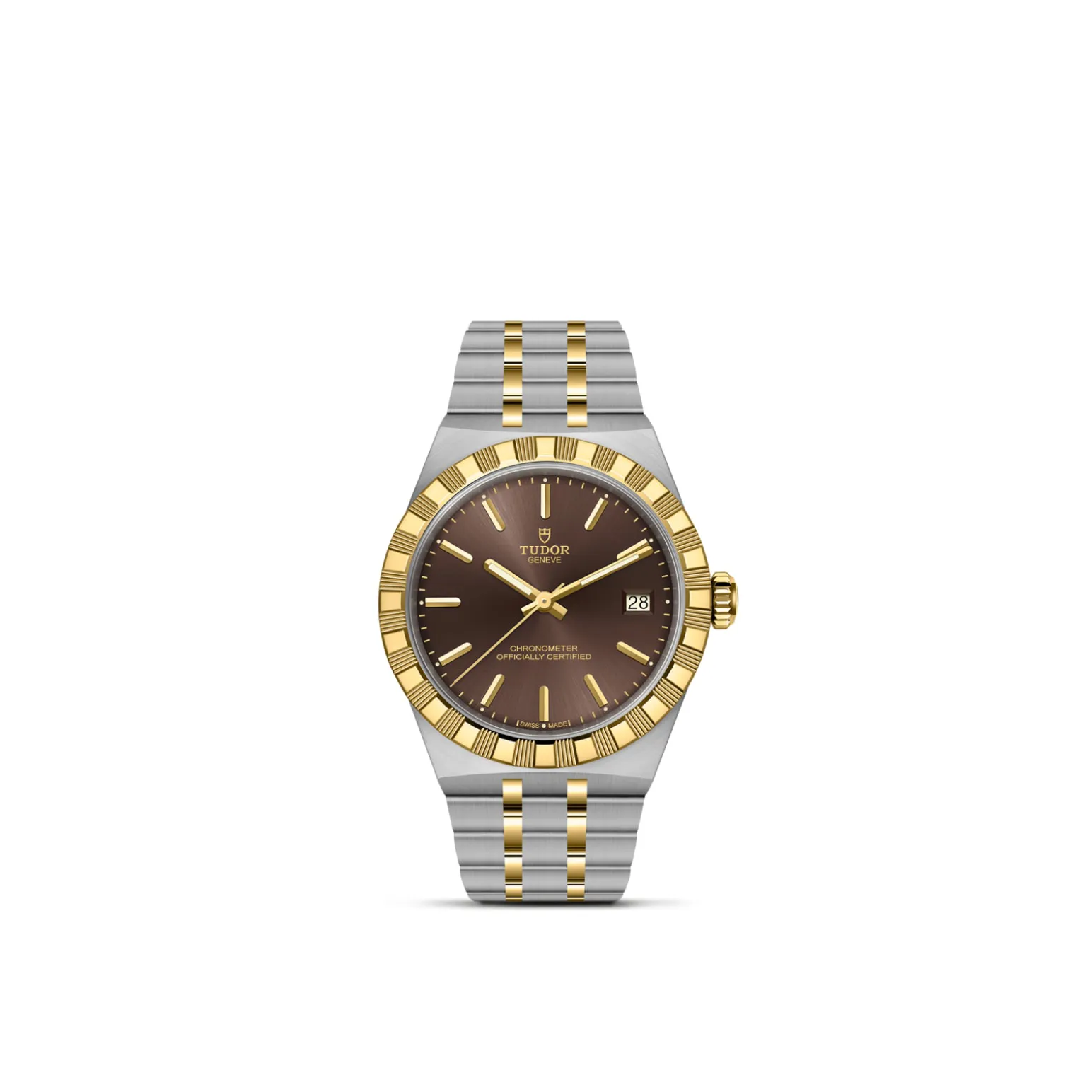 m2836c1a3-0001-upright_watch_white_background-model_page | Brela Two-tone Tudor wristwatch with a gold bezel and brown dial, date window at 3 o'clock. | Brela
