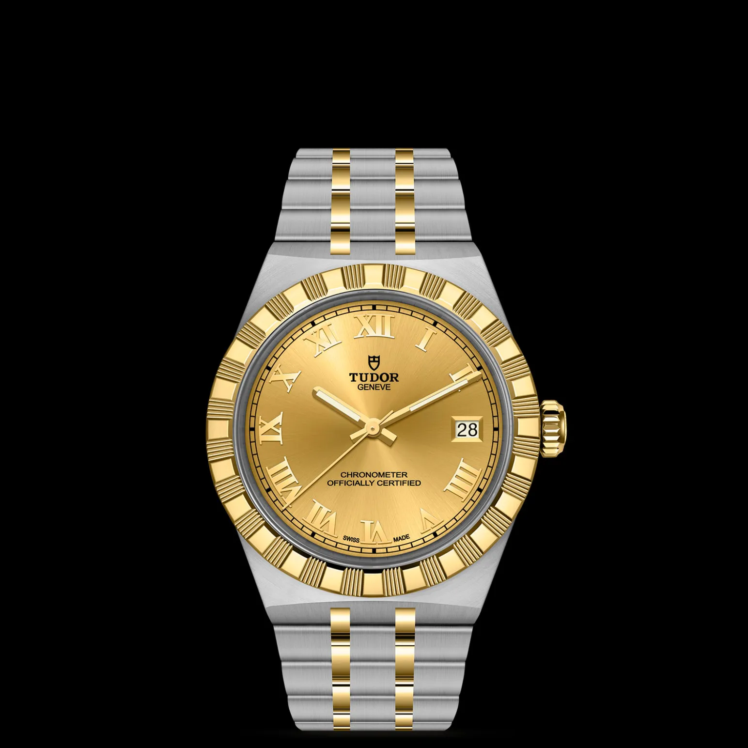 m2836c1a3-0002-upright_watch_black_background_zoomed_in | Brela Two-tone Tudor wristwatch with a gold bezel, gold dial, and Roman numerals showing date at 3 o'clock on a black background. | Brela