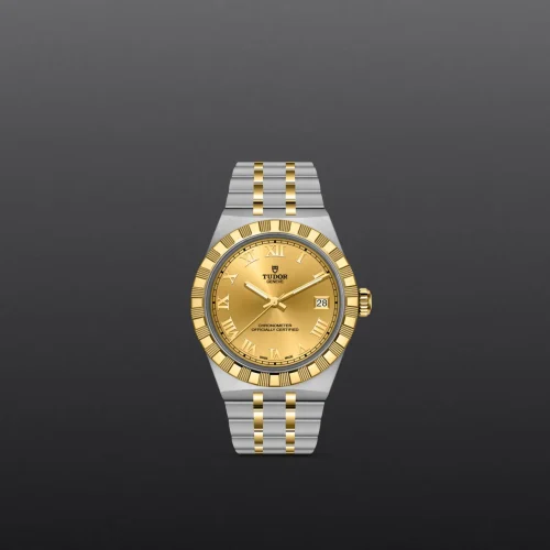Two-tone gold-and-silver Tudor wristwatch with a fluted bezel and a gold dial showing Roman numerals and a date window at 3 o'clock