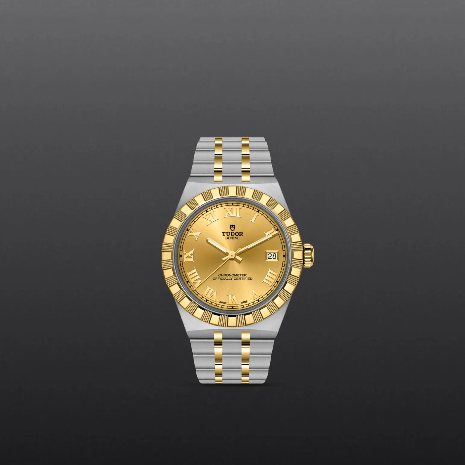 m2836c1a3-0002-upright_watch_grey_background-model_page_only_standard_size | Brela Two-tone Tudor wristwatch with a gold dial, Roman numerals, and date window on a dark gradient background. | Brela