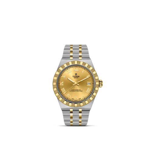 Two-tone Tudor wristwatch with gold dial, gold bezel, and silver-and-gold bracelet; date window at 3 o'clock
