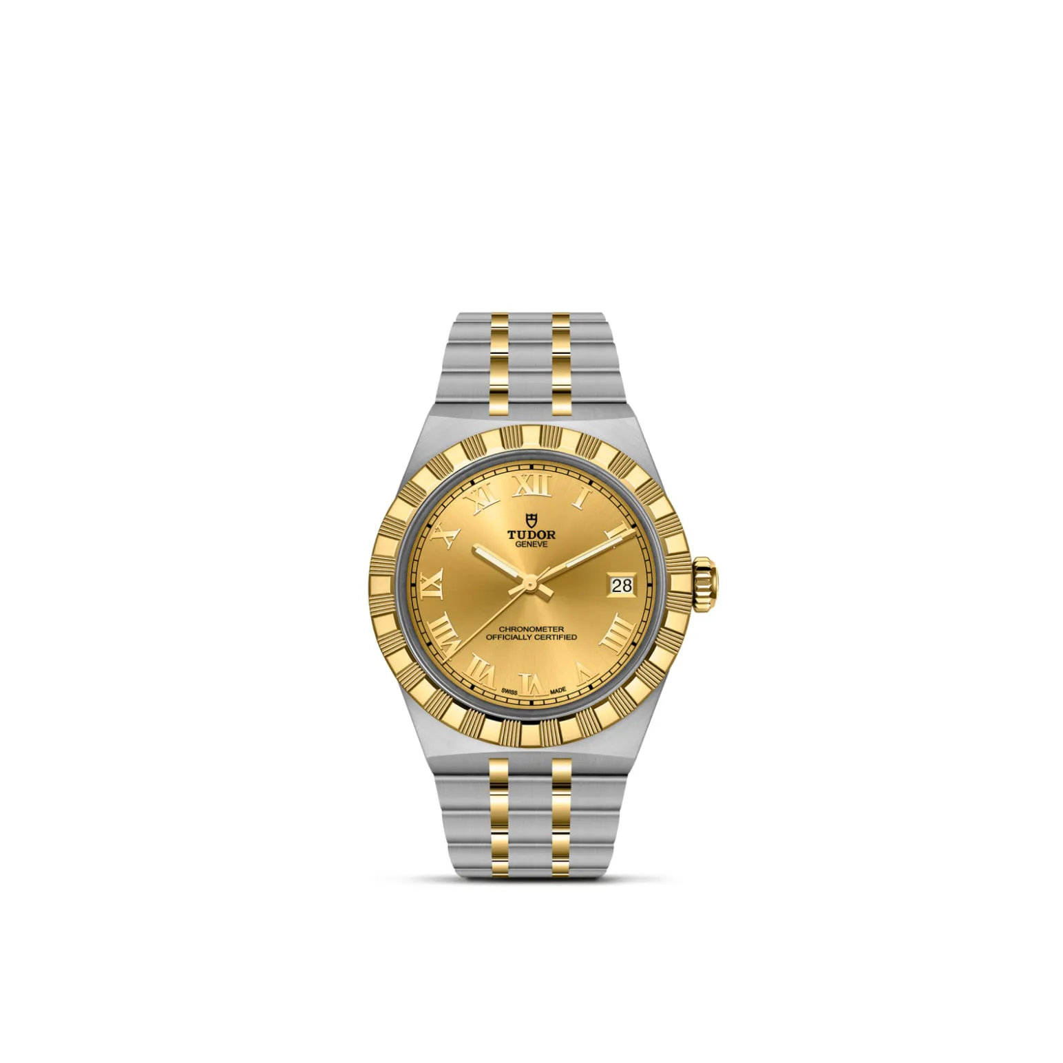 m2836c1a3-0002-upright_watch_white_background-model_page | Brela Two-tone Tudor wristwatch with gold dial, gold bezel, and steel and gold link bracelet, showing date window at 3 o'clock | Brela
