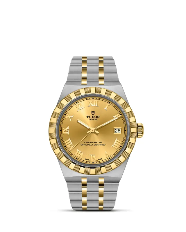 m2836c1a3-0002_upright-wh-std-grid | Brela | Brela Two-tone Tudor Genève wristwatch with gold bezel, gold dial, Roman numerals, and date window at 3 o'clock. | Brela | Brela
