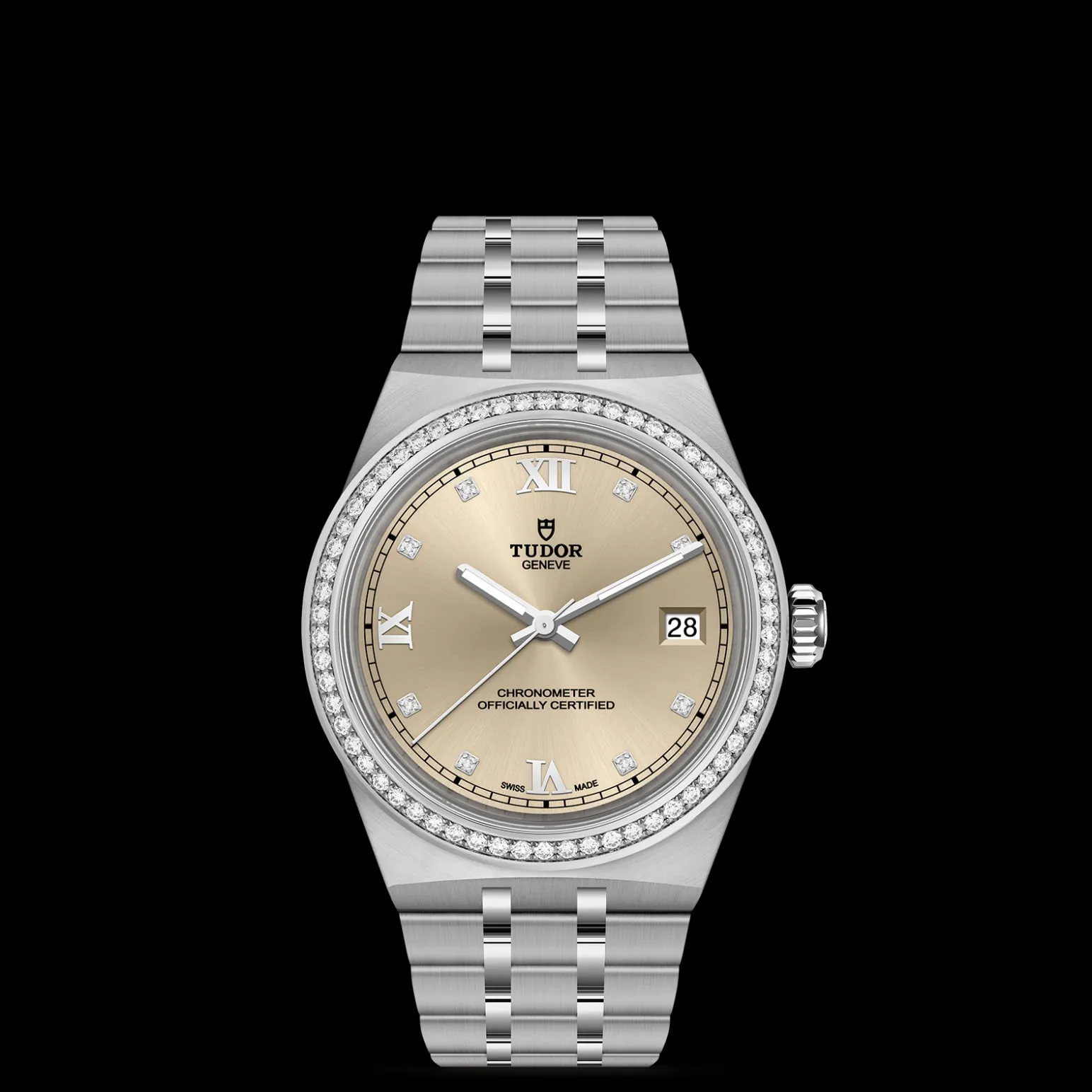 m2836c1s0-0001-upright_watch_black_background_zoomed_in | Brela Tudor Genève luxury wristwatch with diamond-studded bezel, champagne dial, and date window at 3 o'clock in stainless steel bracelet | Brela