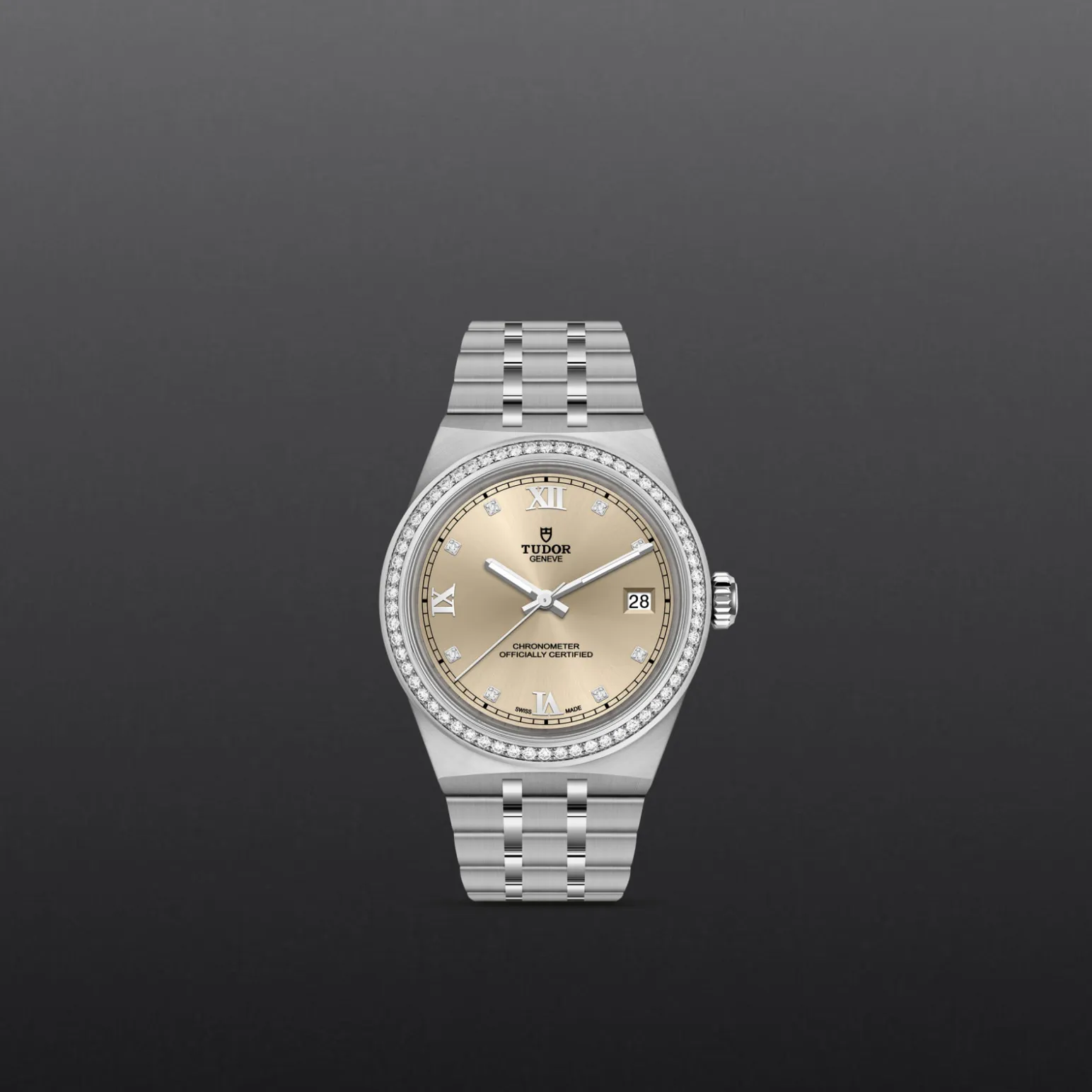 m2836c1s0-0001-upright_watch_grey_background-model_page_only_standard_size | Brela Tudor wristwatch with a diamond-studded bezel, champagne dial, and metal bracelet. | Brela