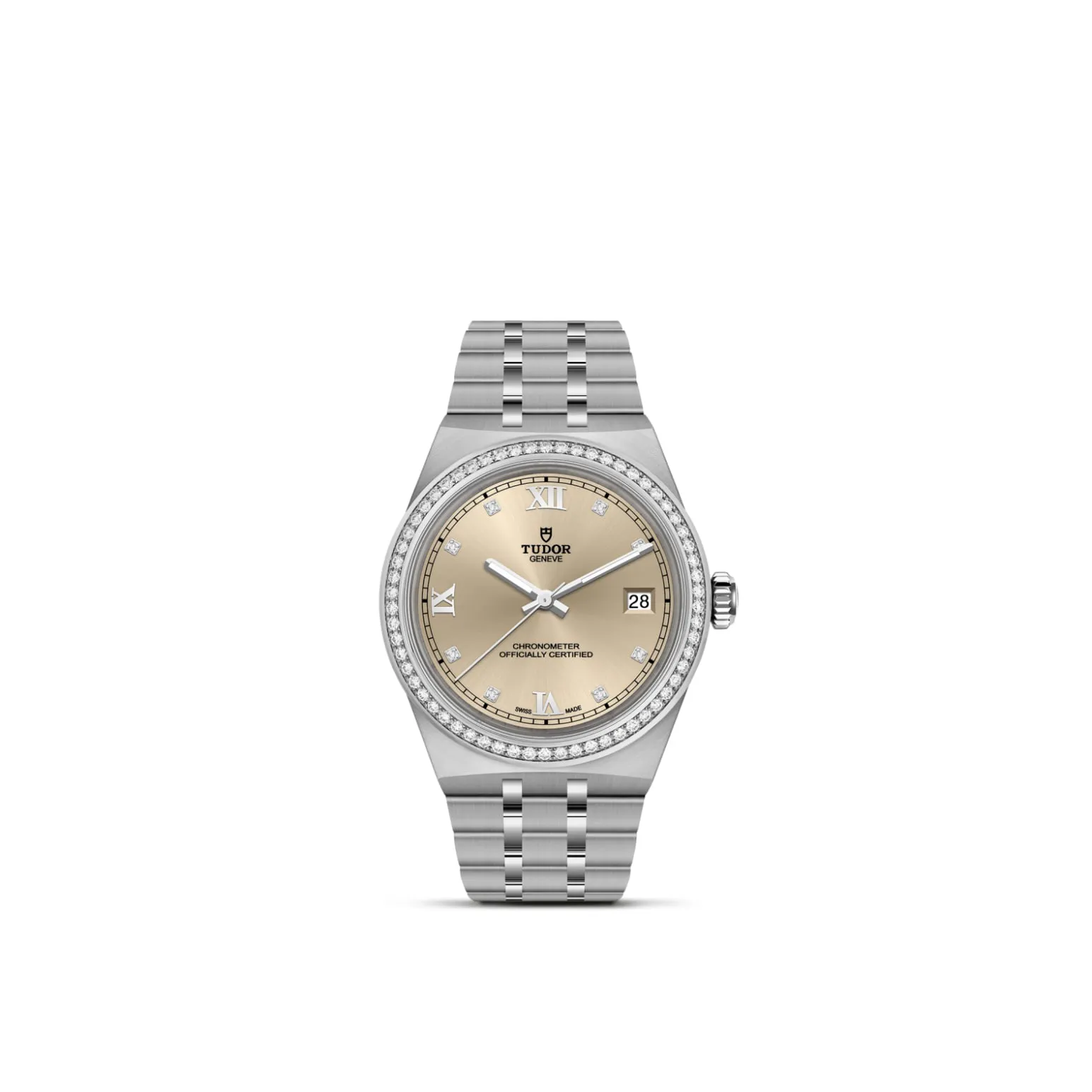 m2836c1s0-0001-upright_watch_white_background-model_page | Brela Tudor wristwatch with a diamond-studded bezel, champagne dial, date window at 3 o'clock, and a stainless bracelet. | Brela