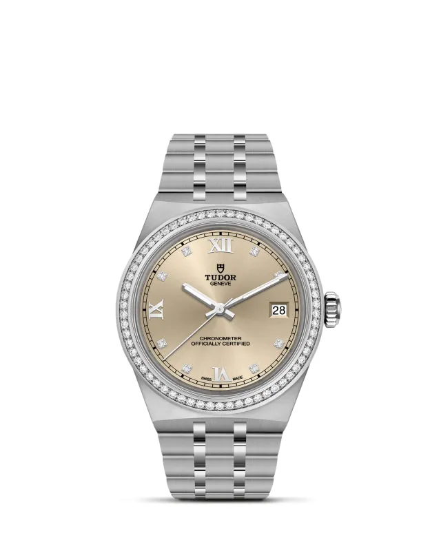 m2836c1s0-0001_upright-wh-std-grid | Brela | Brela Tudor Genève stainless steel watch with a diamond-encrusted bezel, champagne dial, Roman numerals, and a date window at 3 o'clock. | Brela | Brela