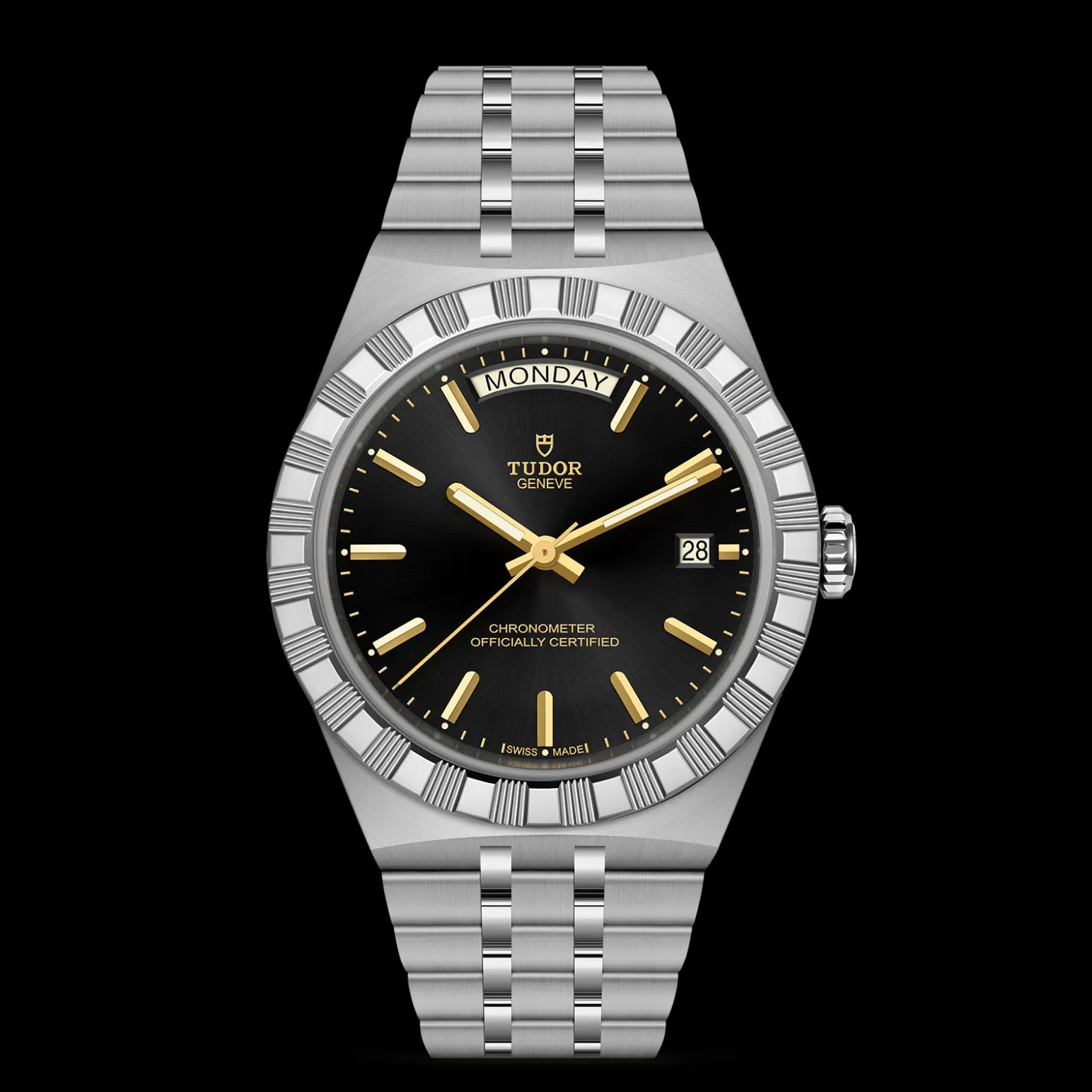 m2840d1a0-0001-upright_watch_black_background_zoomed_in | Brela Tudor Genève stainless steel watch with black dial, gold hands, day window at 12 showing MONDAY, date at 3, and brushed bracelet. | Brela