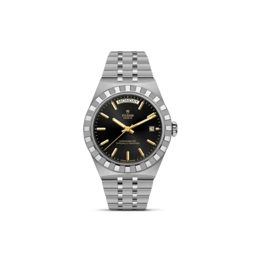 Stainless steel Tudor wristwatch with black dial, gold hands, and date window at 3 o'clock, shown on a metal bracelet