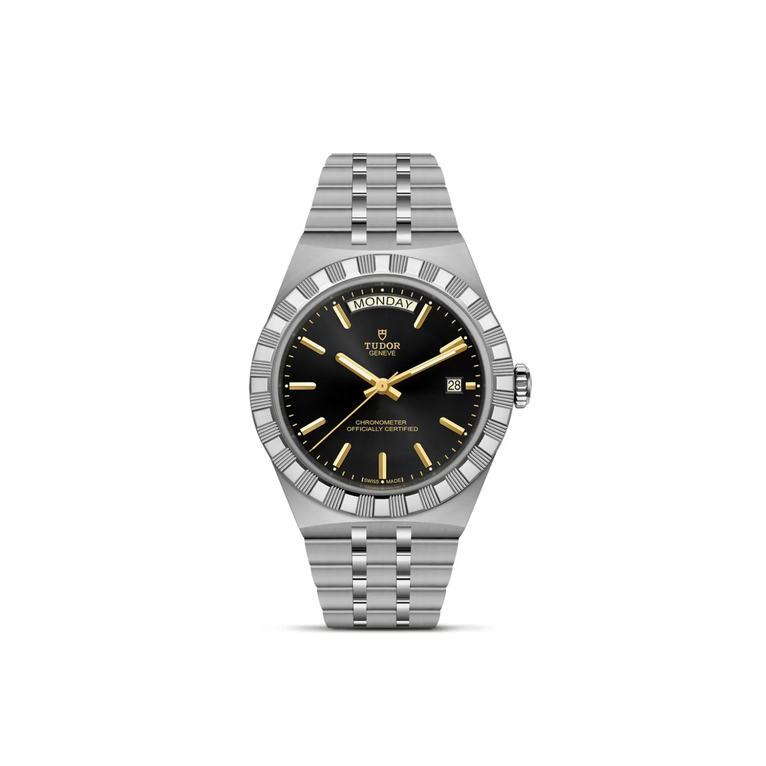 m2840d1a0-0001-upright_watch_white_background-model_page | Brela Stainless steel Tudor wristwatch with black dial, gold hands and markers, day window at 12 showing Monday, date at 3, and fluted bezel memory-style design. | Brela