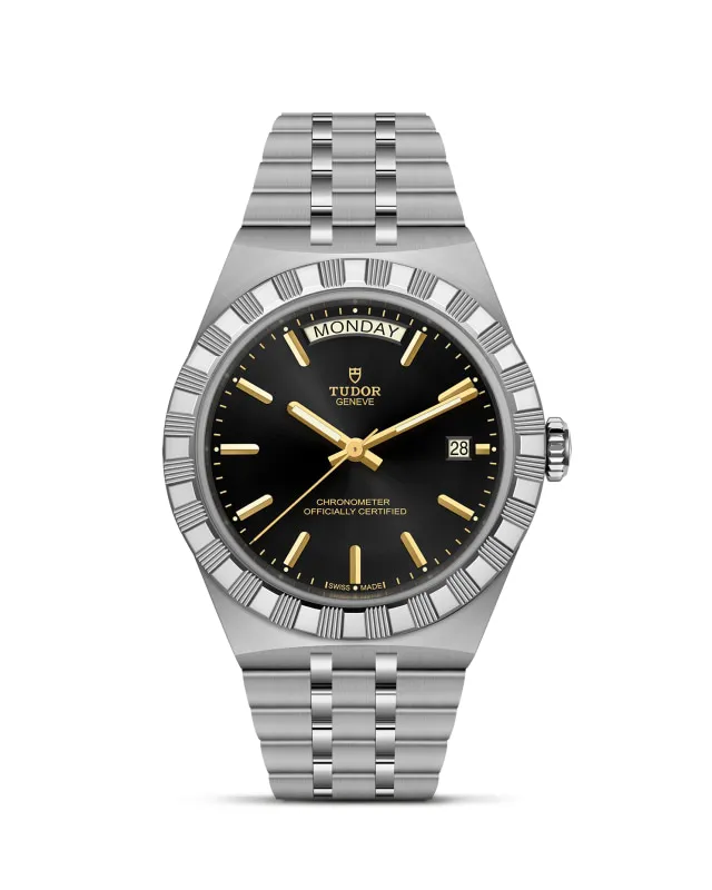 m2840d1a0-0001_upright-wh-std-grid | Brela | Brela Stainless steel Tudor wristwatch with black dial, gold hands, and a day display reading MONDAY at 12 o'clock with a date window at 3 o'clock. | Brela | Brela