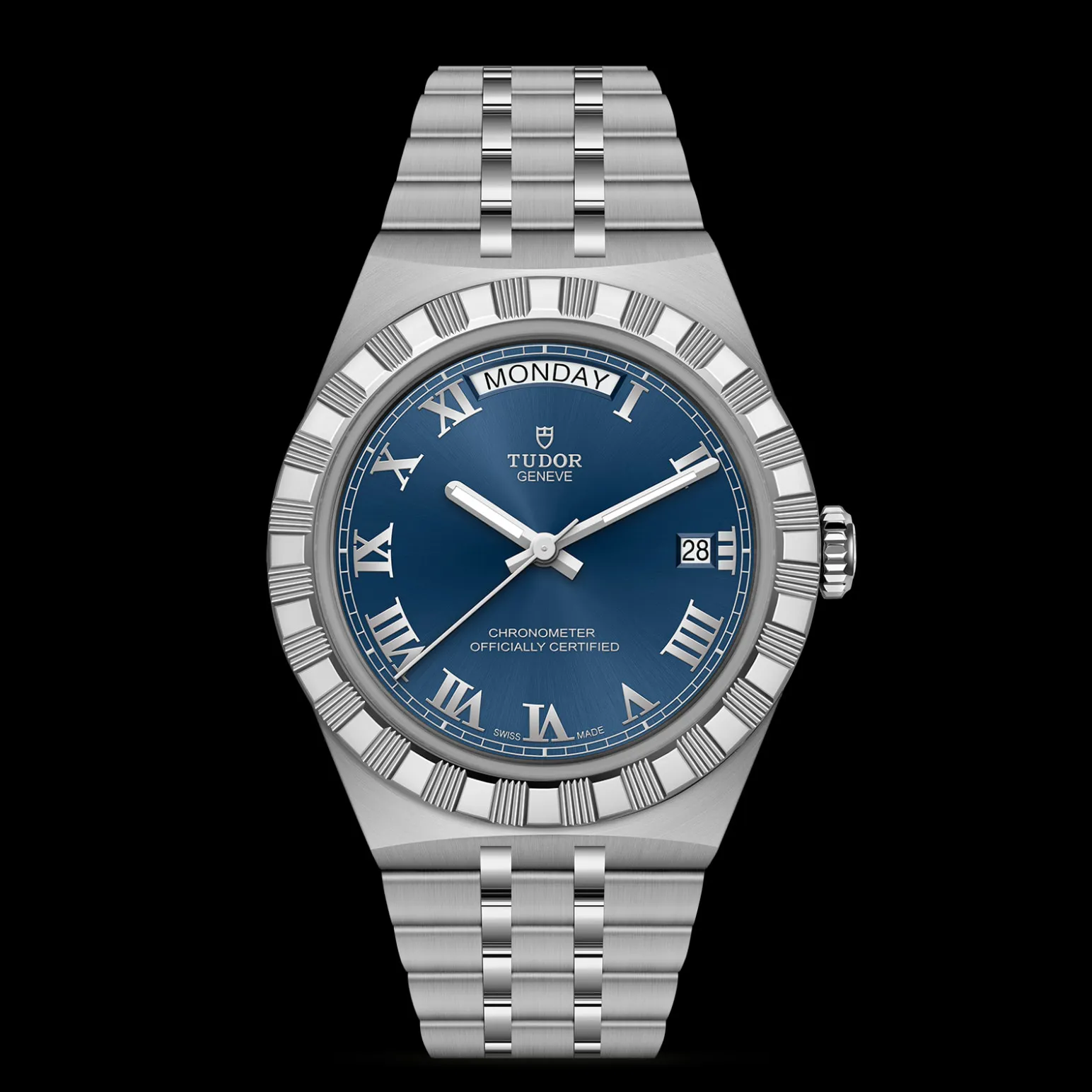 m2840d1a0-0002-upright_watch_black_background_zoomed_in | Brela Tudor wristwatch with a blue dial, Roman numerals, day window at the top showing MONDAY, and a date window at 3 o'clock in a stainless steel case and bracelet. | Brela