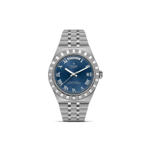 Stainless steel Tudor watch with a blue dial, Roman numeral hour markers, date window at 3 o'clock, and a fluted bezel on a white background.