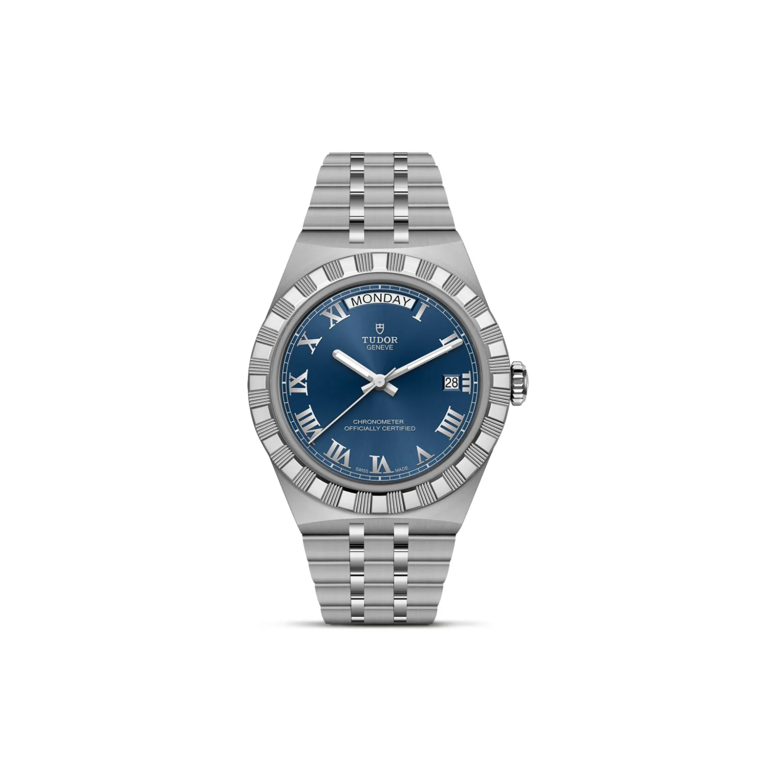 m2840d1a0-0002-upright_watch_white_background-model_page | Brela Stainless steel Tudor wristwatch with a blue Roman-numeral dial and date window at 3 o'clock. | Brela