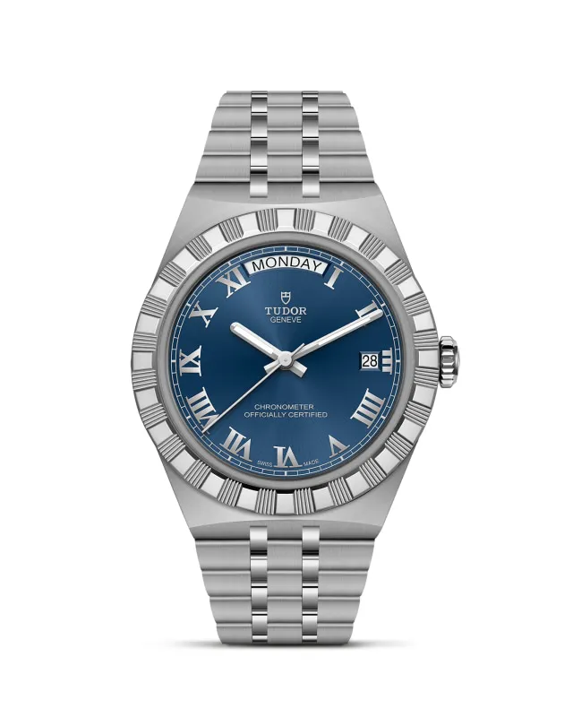 m2840d1a0-0002_upright-wh-std-grid | Brela | Brela Tudor stainless steel wristwatch with blue dial, Roman numerals, day at 12, date at 3, and a brushed bracelet. | Brela | Brela