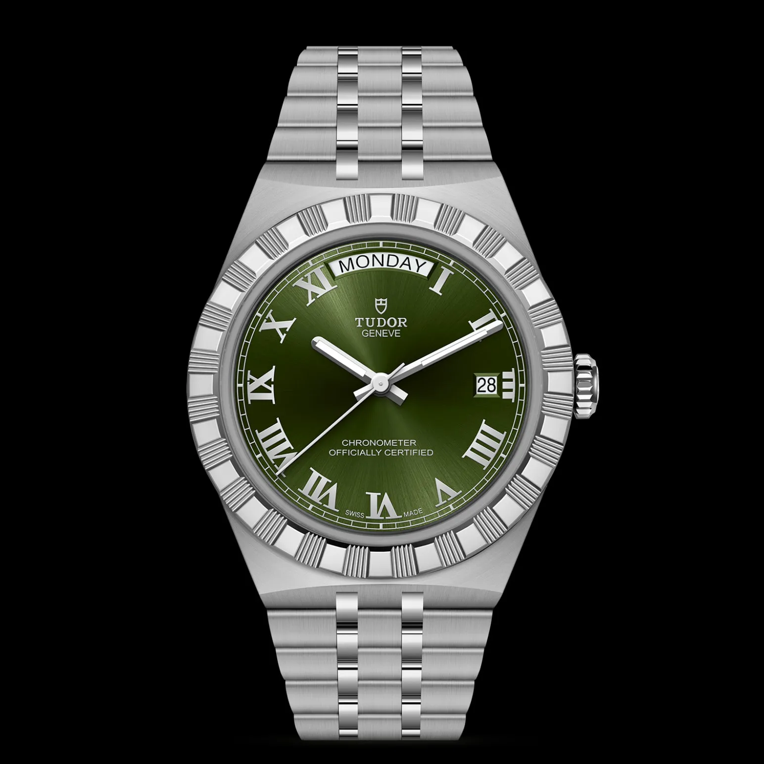 m2840d1a0-0003-upright_watch_black_background_zoomed_in | Brela Tudor stainless steel wristwatch with a green sunburst dial, Roman numeral hour markers, and a day/date display. | Brela