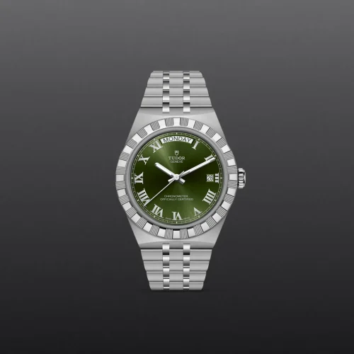 Stainless steel Tudor wristwatch with a green dial and day-date display.
