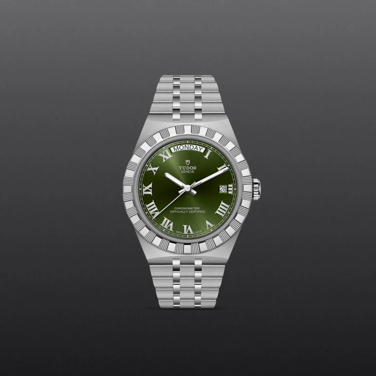 m2840d1a0-0003-upright_watch_grey_background-model_page_only_standard_size | Brela Stainless steel Tudor wristwatch with a green dial, date window at 3 o'clock, and a brushed bracelet against a dark gradient background | Brela