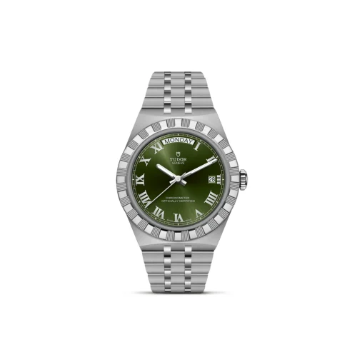 Stainless steel Tudor wristwatch with a green dial, Roman numeral hour markers, and a date window at 3 o'clock.